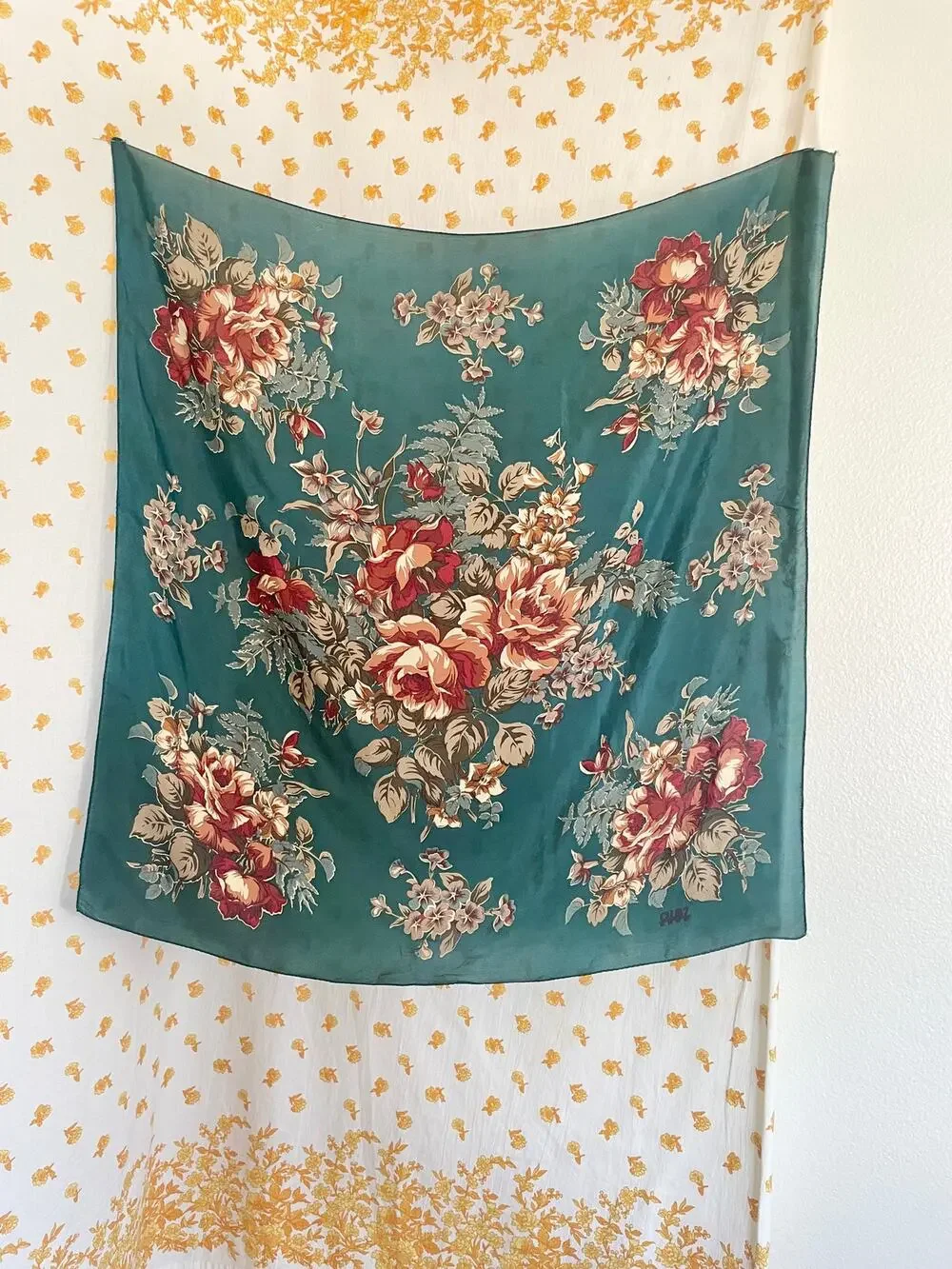 Vintage Club 7 Floral Scarf Emerald Green 30 Inch Square